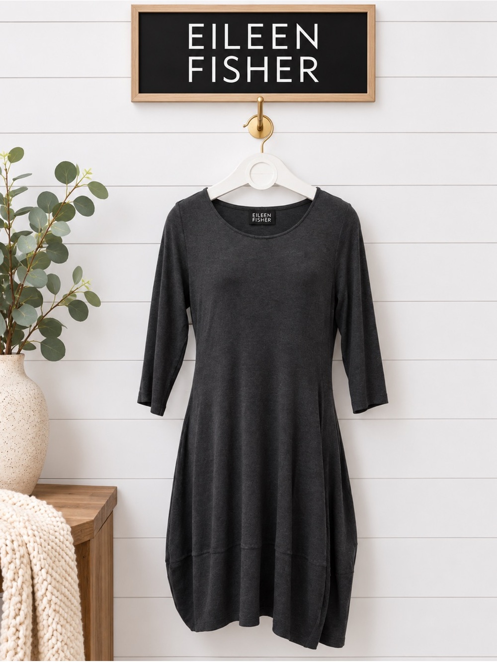 EILEEN FISHER Charcoal Gray Jersey Balloon Dress Size M